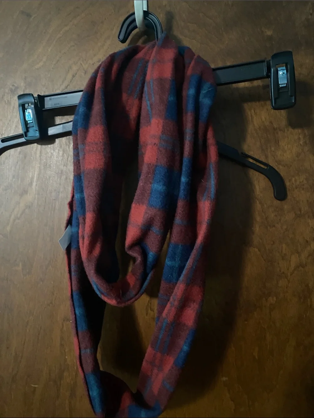 Red and blue plaid fleece loop scarf
